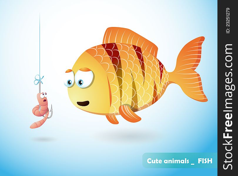 Cute fish and frightened worm, underwater cartoon. Cute fish and frightened worm, underwater cartoon