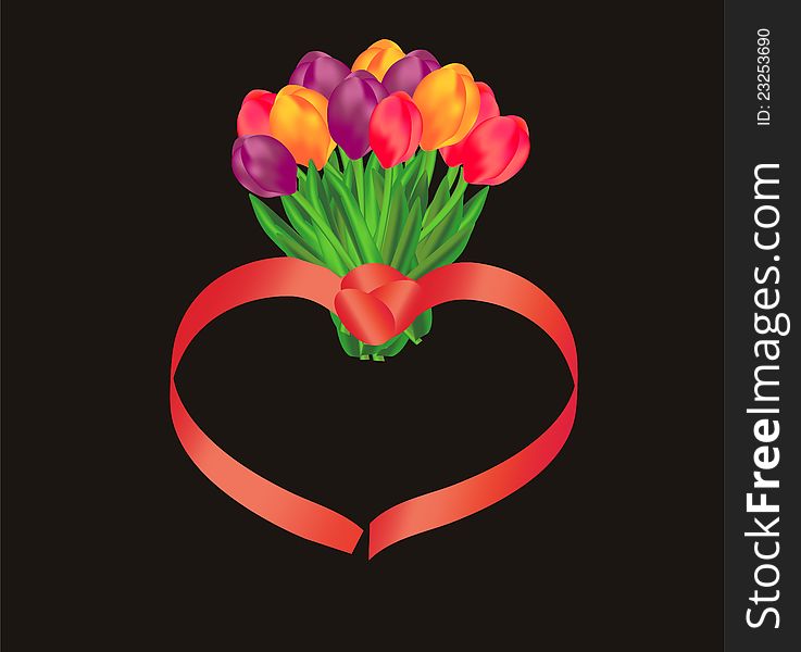 Tulip bunch with heart-shaped scarlet ribbon