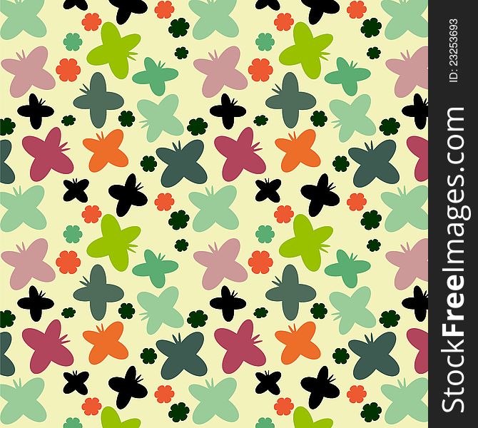 Pattern with colored and black butterflies and flowers. Pattern with colored and black butterflies and flowers