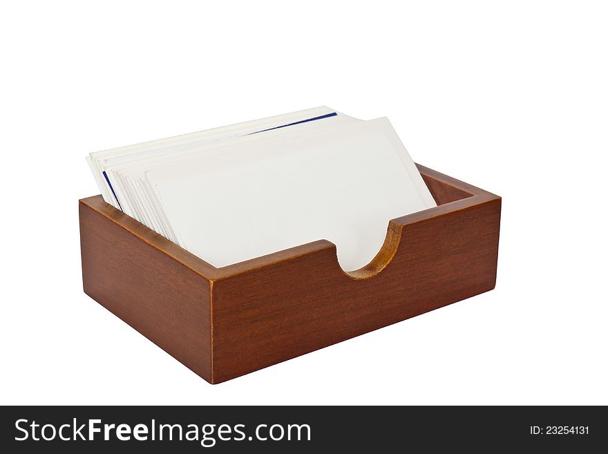 Brown wooden card holder in white backgroup