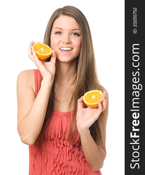 Young beauty woman with orange fruits