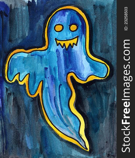 Hand painted watercolor ghost on blue background