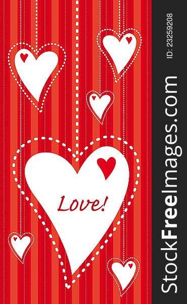 Hanging hearts vertical postcard, cover, banner for Valentine celebration