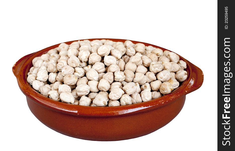 Chickpeas in ceramic bowl isolated over white background