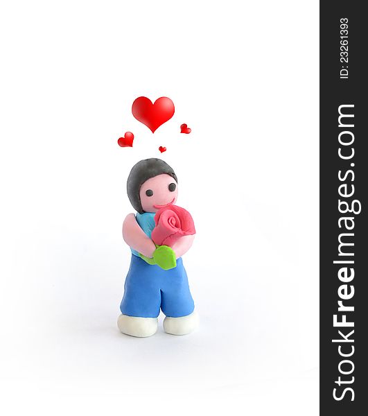 Plasticine man feel in love with big rose