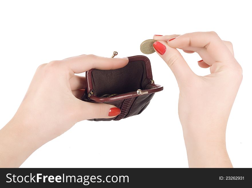 Female hands holding coin and purse isolated on white. Female hands holding coin and purse isolated on white