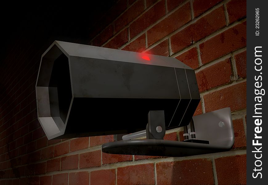 Computer generated security camera on a brick wall