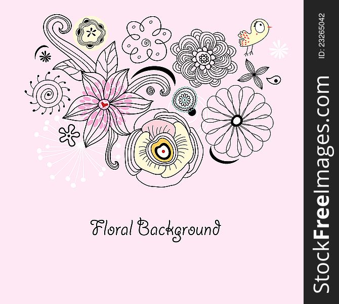 Graphic floral background with a bird on a pink