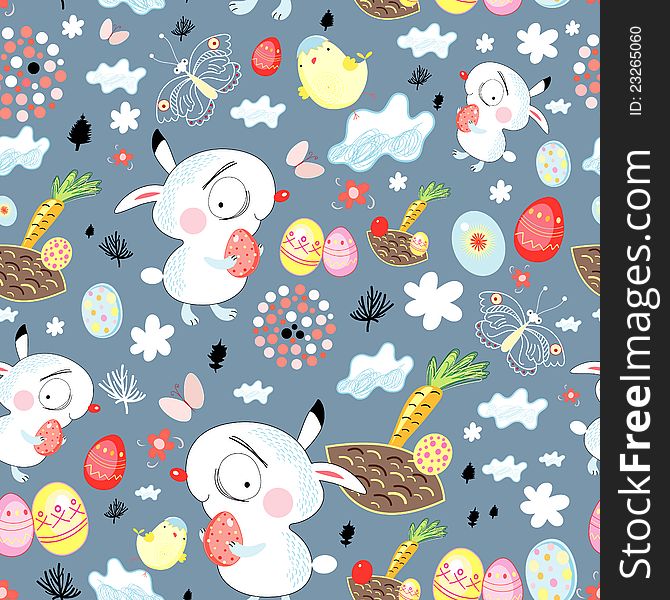 Seamless Easter pattern of rabbits on a blue background with clouds and eggs. Seamless Easter pattern of rabbits on a blue background with clouds and eggs