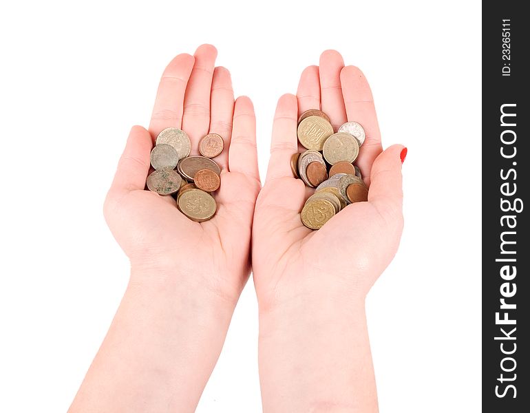 Hands holding many coins isolated on white