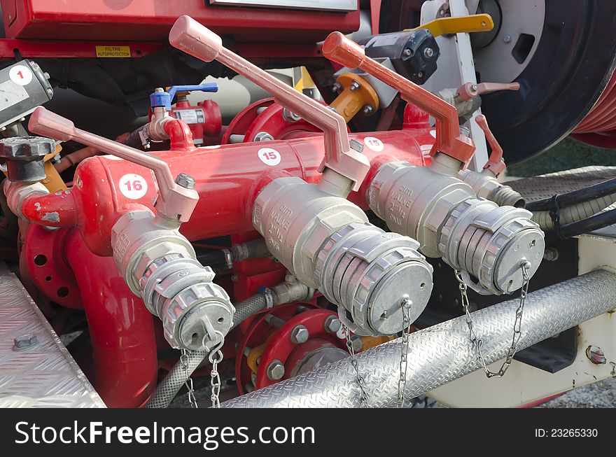 Handles and valves of fire truck