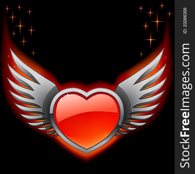 Glossy red heart with iron wings on the black background