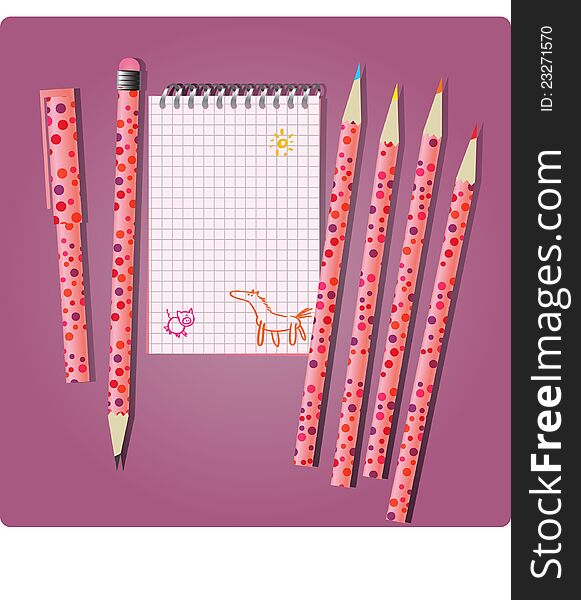 Notebook with pencils and pen for girl. Notebook with pencils and pen for girl