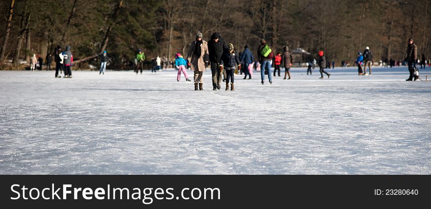 People enjoying the frozen lake in the forest - Stuttgart,. People enjoying the frozen lake in the forest - Stuttgart,