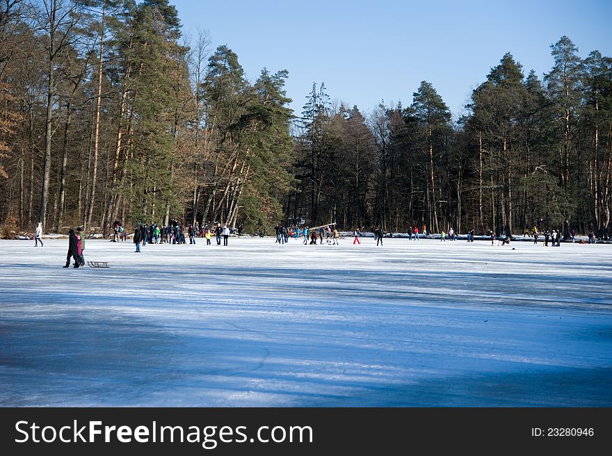 People enjoying the frozen lake in the forest - Stuttgart. People enjoying the frozen lake in the forest - Stuttgart