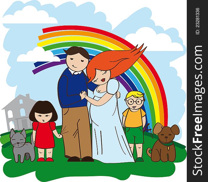 Illustration of a happy family with a house and a rainbow. Illustration of a happy family with a house and a rainbow