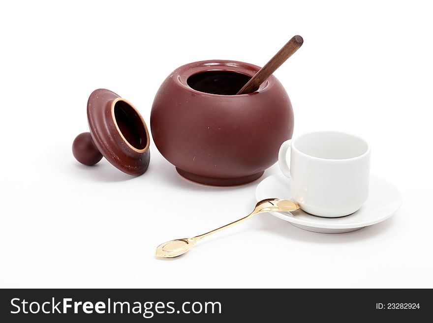 Sugar Pot With White Cup And Spoon