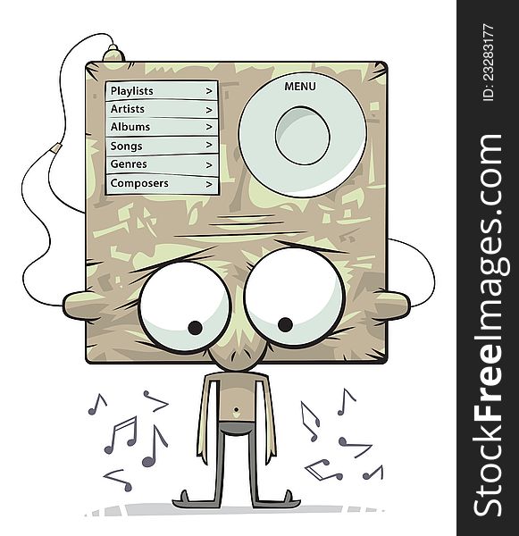 Cute funny character with big head as an audio player is listening to music