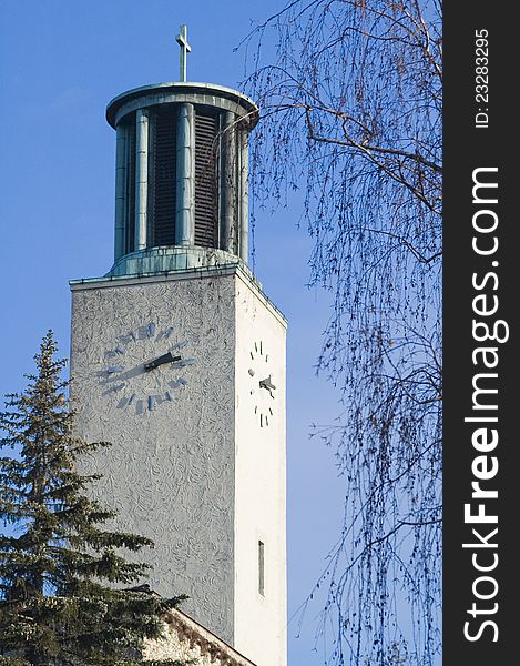 Modern church tower with clock, Hungary