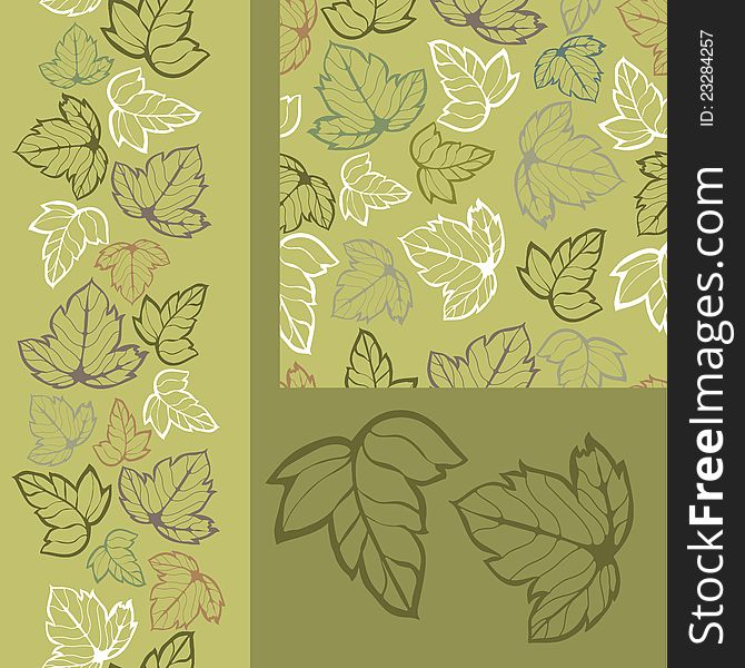 Seamless pattern, vertical seamless border and simples of leaves in forest green tones. Vector illustration. Seamless pattern, vertical seamless border and simples of leaves in forest green tones. Vector illustration