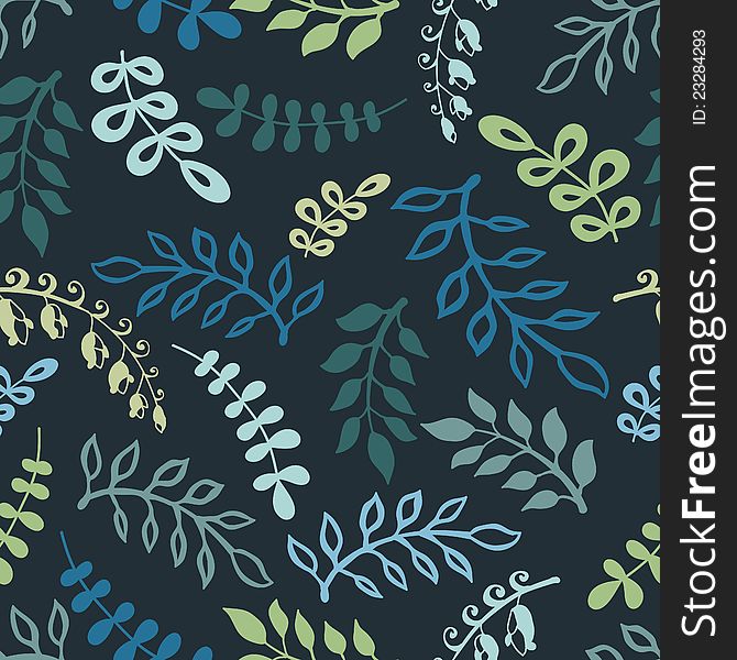 Night forest twigs and leaves seamless pattern on dark background. Vector illustration