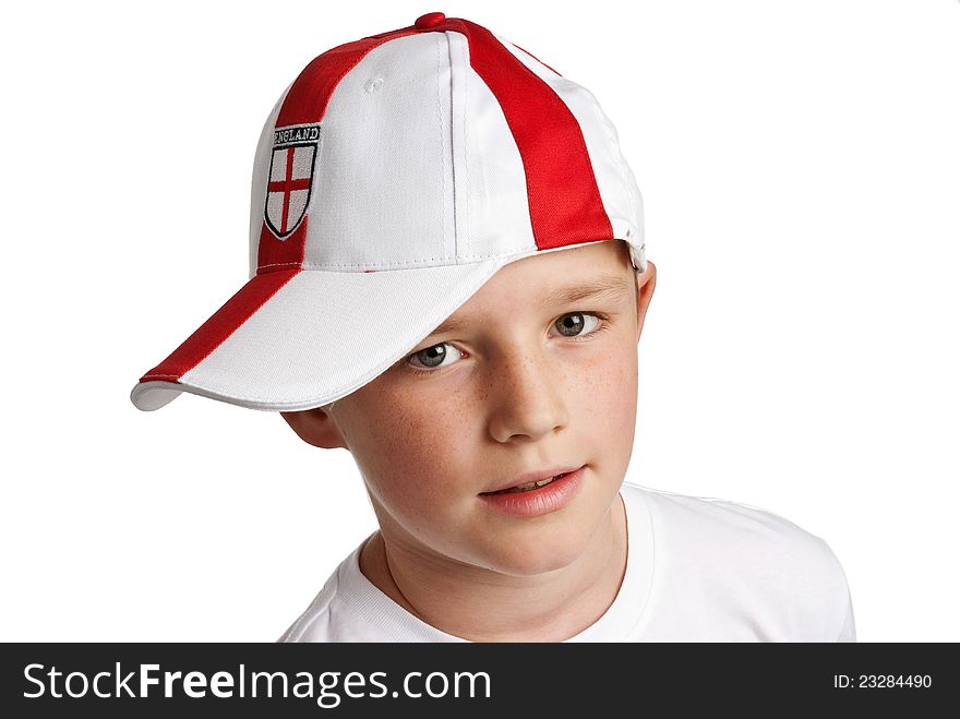 Boy wearing England Football Cap. Studio on white background.