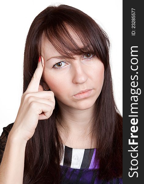 Thoughtful young business woman isolated over white background