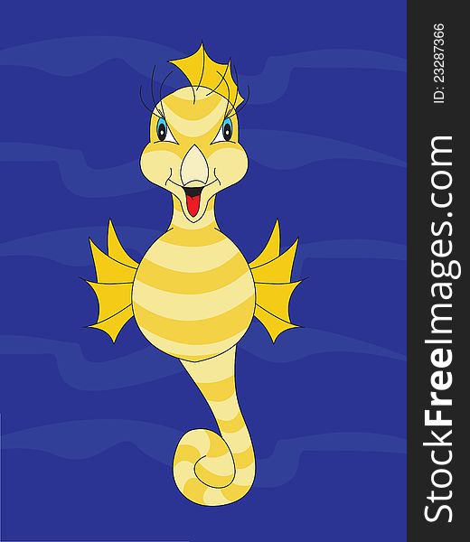 Funny yellow seahorse on dark blue background