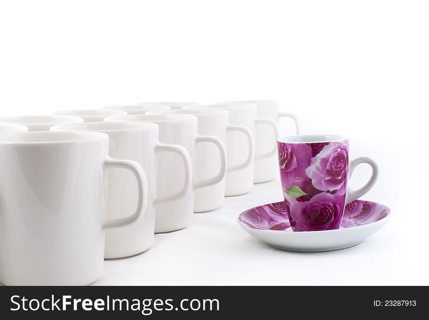 Line of white cups, on white background