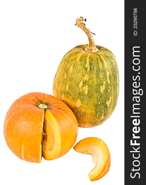 Two ripe pumpkin on a white background, isolated. Two ripe pumpkin on a white background, isolated.