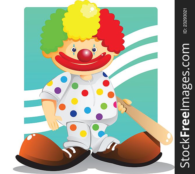 Cute clown with colorful hair wearing polka dots suit hold a baseball bat