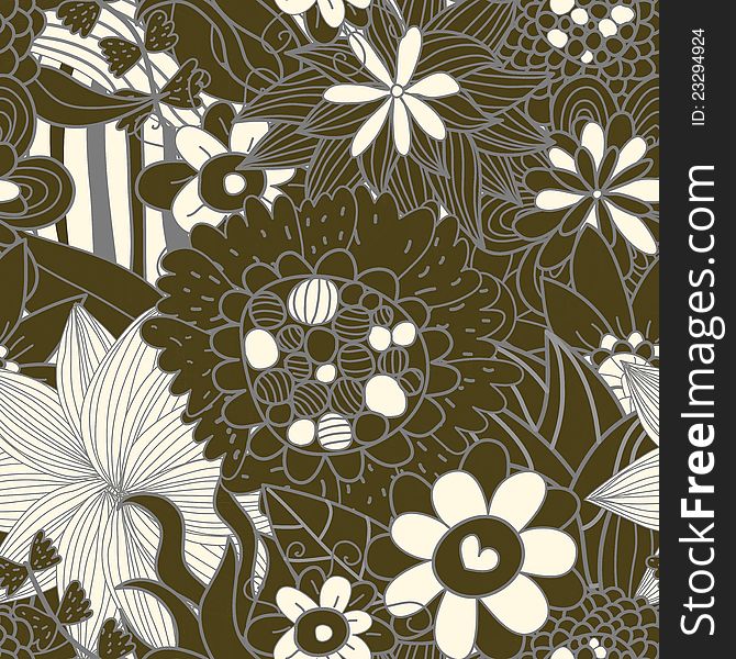 Seamless floral retro pattern in brawn colour with hearts