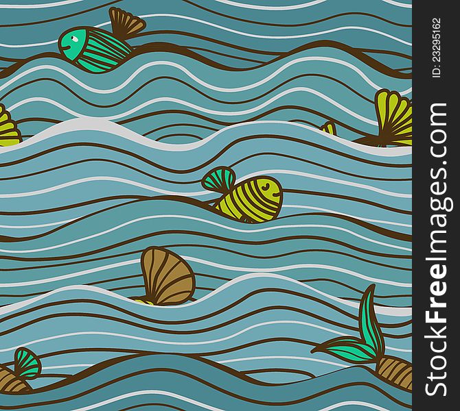 Seamless colourful sea pattern with fishes and waves. Seamless colourful sea pattern with fishes and waves