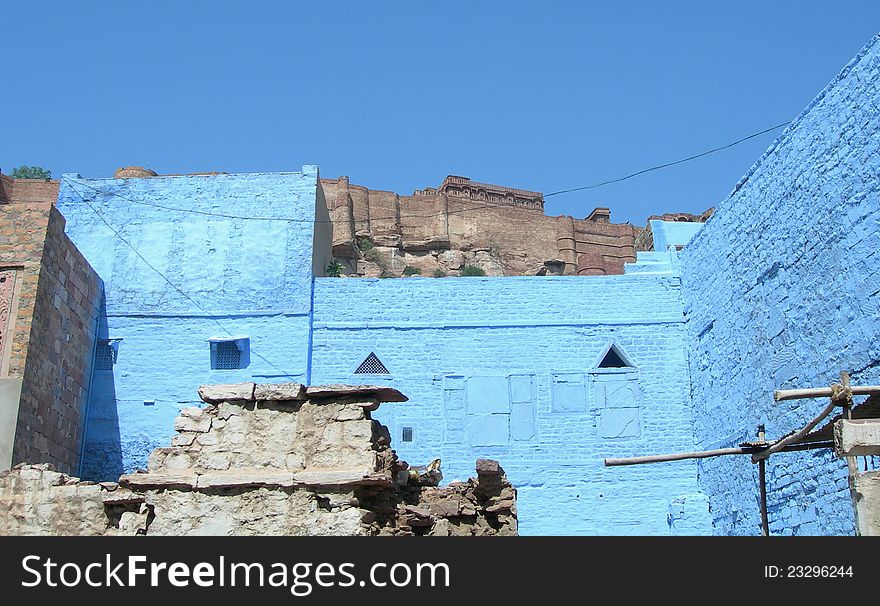 Details of traditional architecture and the Mehrangarh Fort in the Blue City of Jodhpur in the state of Rajasthan, India. Details of traditional architecture and the Mehrangarh Fort in the Blue City of Jodhpur in the state of Rajasthan, India.