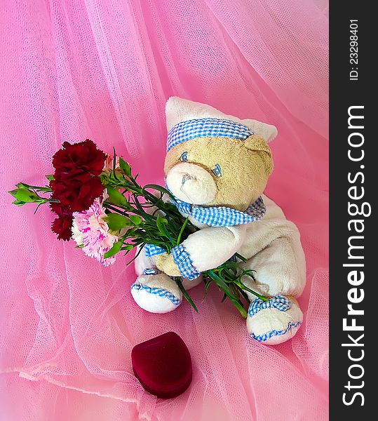 Sad Love Teddy Bear With Flowers And Gifts.