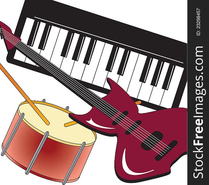 Guitar drum and synthesizer on white background. Guitar drum and synthesizer on white background