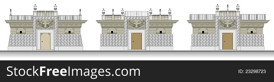 Variants of facade of an input in the bunker or input in an entrance in the vector drawing. Facade booth, collector or the small architectural form in style to eclecticism. A classics and Renaissance mix. Variants of facade of an input in the bunker or input in an entrance in the vector drawing. Facade booth, collector or the small architectural form in style to eclecticism. A classics and Renaissance mix.