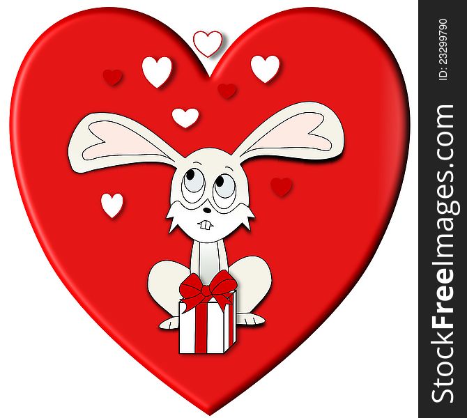 An illustration of a bunny in front of a red heart with a small valentine present. An illustration of a bunny in front of a red heart with a small valentine present
