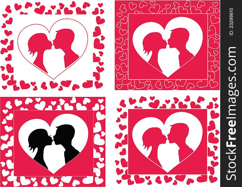 Kissing couple silhouette in heart shape background 6578x5587. Vector eps8. Kissing couple silhouette in heart shape background 6578x5587. Vector eps8