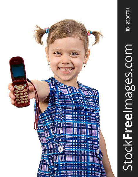 Little pretty girl show mobile phone, isolate on white