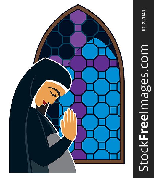 Vector illustration of a young praying woman in a veil, staying in a contemplative pose.