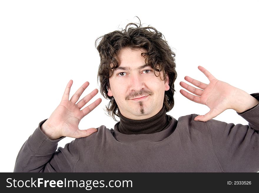 Man with open hands in white background