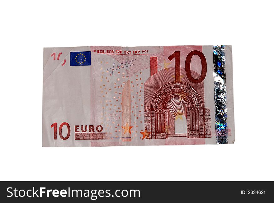 Ten euros banknote over a white backgroun