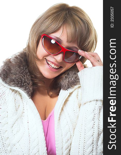 Happy blondy in sunglasses isolated on white background. Happy blondy in sunglasses isolated on white background