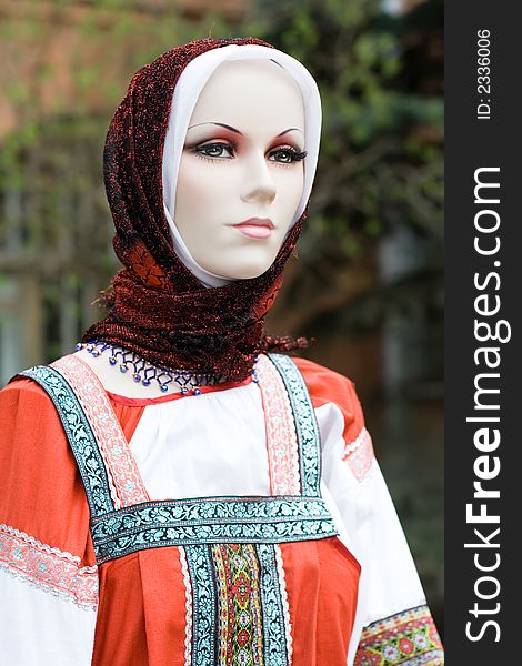 Mannequin in traditional russian clothes