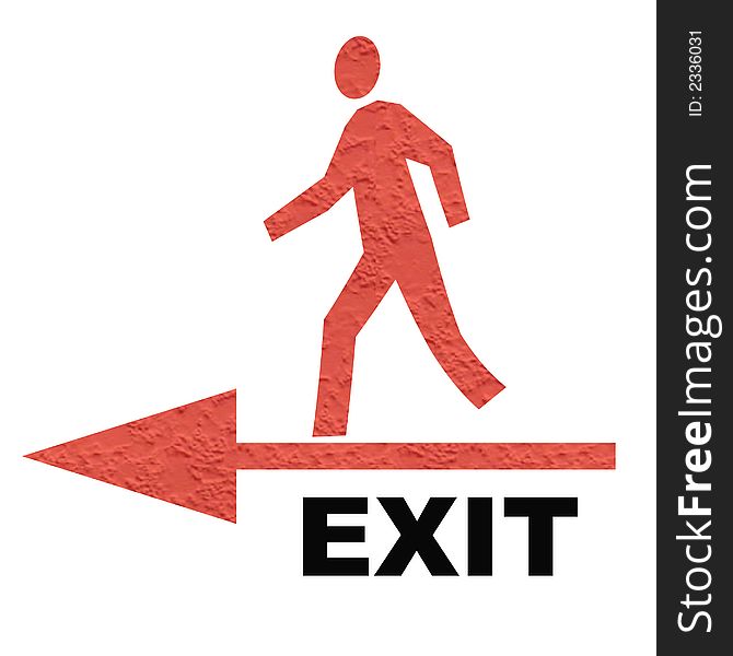 White exit sign with textured person and arrow