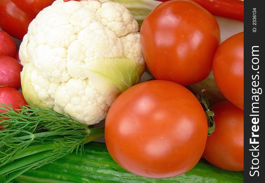 Tomatoes, cauliflower, radishes, cucumber and dill. Tomatoes, cauliflower, radishes, cucumber and dill