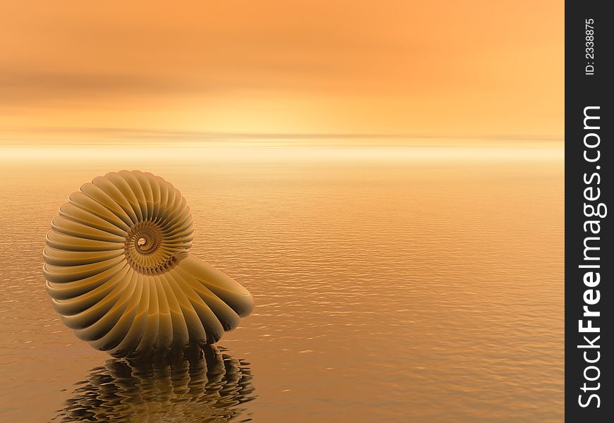 Gold shell on the sunset sea beach - 3d illustration. Gold shell on the sunset sea beach - 3d illustration.