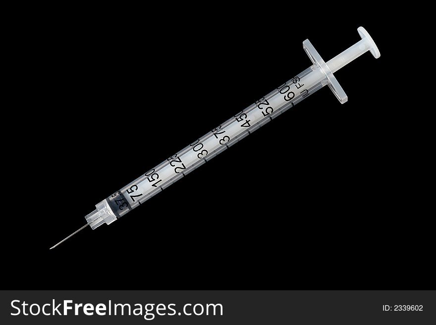 Hypodermic syringe with finer gauge needle for less pain, isolated on black background. Hypodermic syringe with finer gauge needle for less pain, isolated on black background
