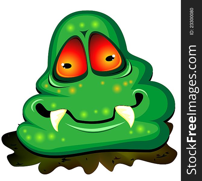 Big green germ with teeth sitting on dirty splash. Big green germ with teeth sitting on dirty splash